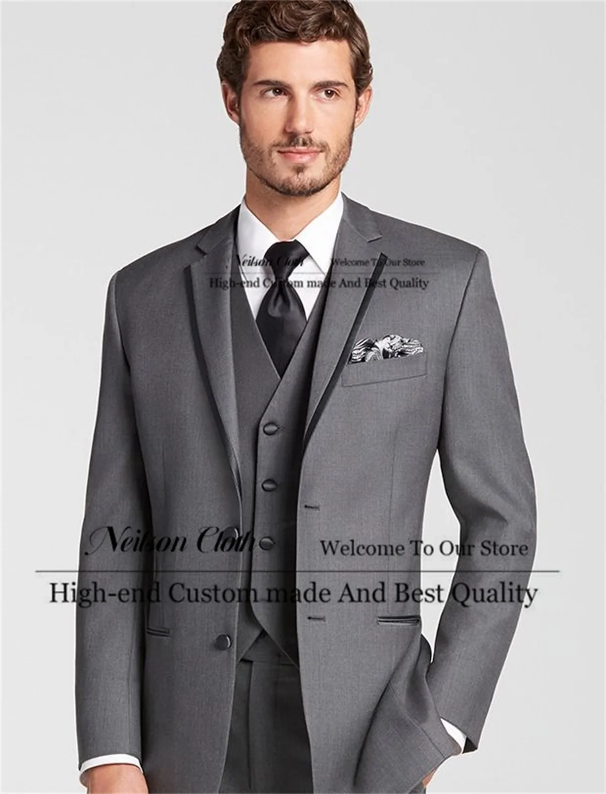 

Business Dark Grey Male Prom Blazers 3 Pcs Sets Notched Lapel Groom Wedding Tuxedos Single Breasted Customized Terno Masculino