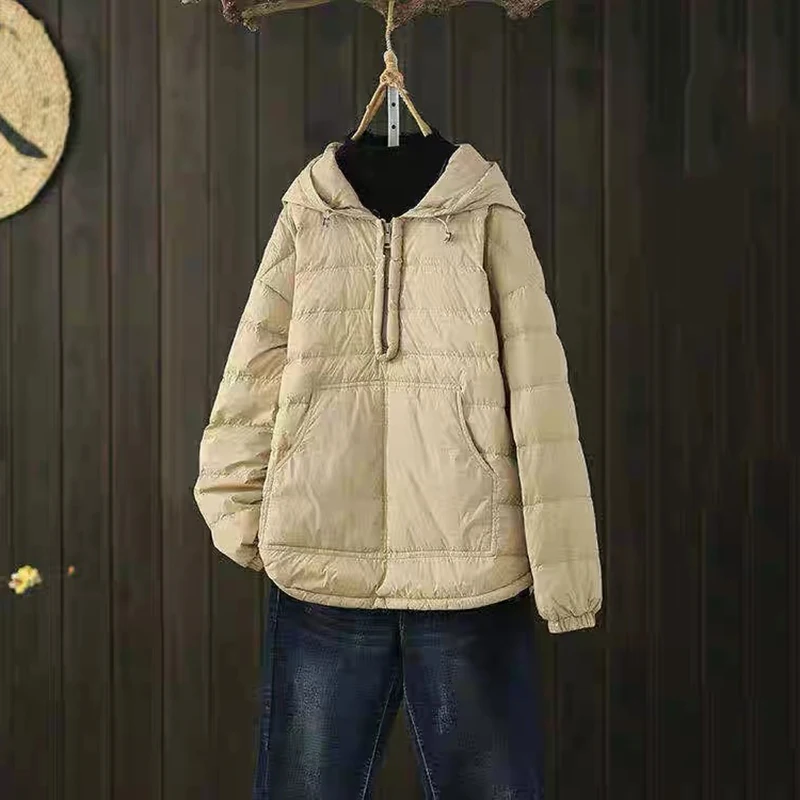 

Winter Half Zip Solid Hooded Down Jacket Women White Duck Down Warm Jackets Overcoat Female Lightweight Pocket Parka Outwears