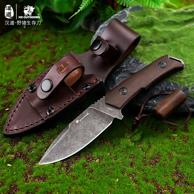 Hx Outdoors AUS-8 Steel Hunting Knife Camping Survival Rescue Knives Wood Handle With Leather Sheath EDC Tool, Dropshipping