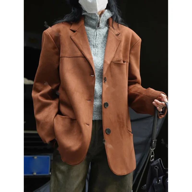 Traje Vintage de ante con bolsillo curvo para mujer, chaqueta recta holgada con cuello de solapa, abrigo de botonadura única, Invierno