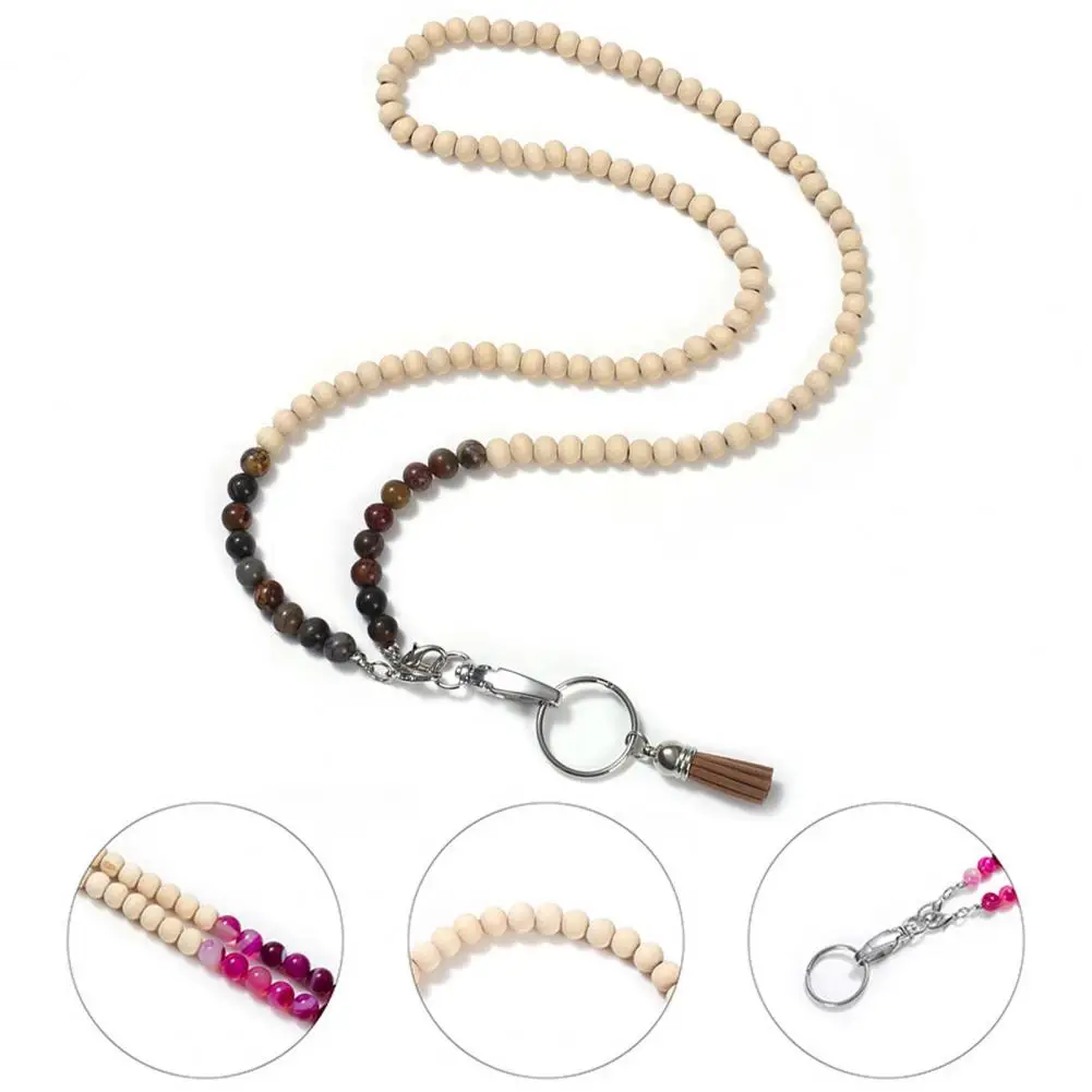 Wooden Bead Lanyard Key Card Lanyard Stylish Beaded Lanyard Id Badge Holder Natural Wood Beads Work Card for Women for Cruise