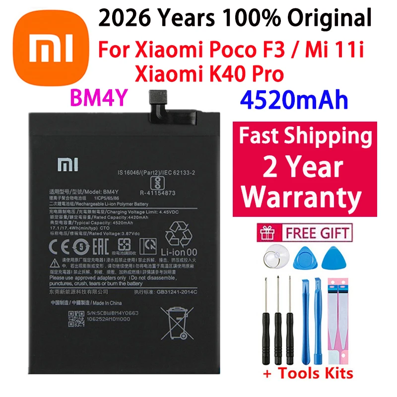

2026 лет, 100% оригинальный аккумулятор BM4Y 4520 мАч для Xiaomi Poco F3 Redmi K40 Pro K40Pro, аккумуляторы + инструменты, бесплатная быстрая доставка