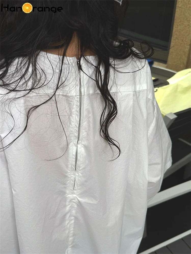 HanOrange 2025 Summer Short Front Long Back Three-quarters Sleeve Blouse Women Simple 100% Cotton Wide Loose Top White/Navy Blue