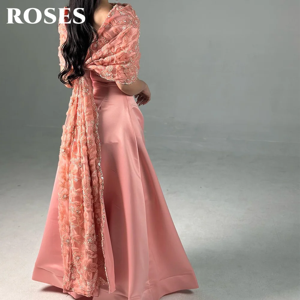 ROSES Pink Prom Dresses with Beaded Embroidered Shawl and Unique Back Knot Evening Dresses Chic High-Waisted Train Customized