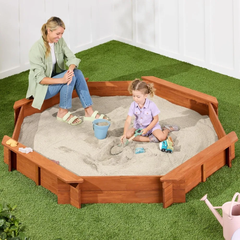 Kid's Large Octagonal Wooden Outdoor Sandbox with Cover w/ 4 Reinforced Benches, 8 Seats, XL Sandpit