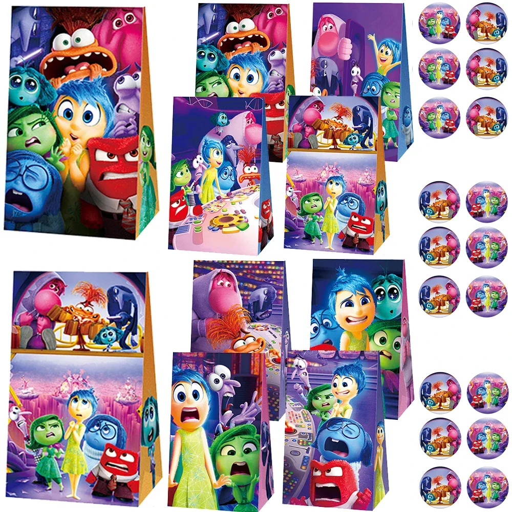 12pcs Disney Inside Out 2 Theme Paper Gift Bags Birthday Party Decoration Candy Bags With Sticker For Children Party Supplies