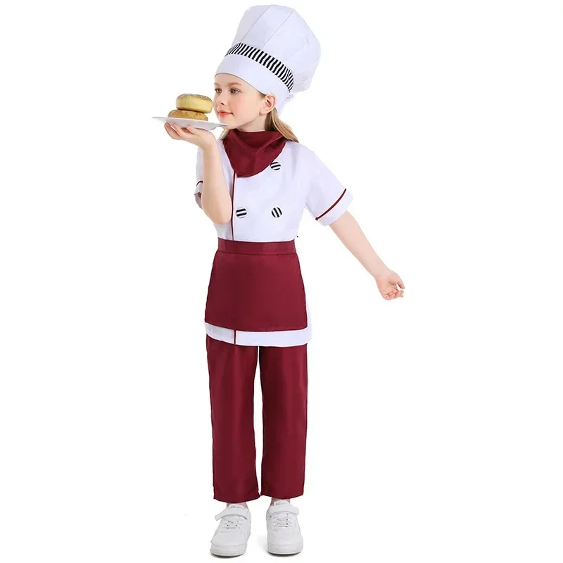 Kids Chef Jackets Kitchen Roleplay Uniform Cook Hat Restaurant Cosplay Costumes Halloween Children Waiter Waitress Clothing Sets