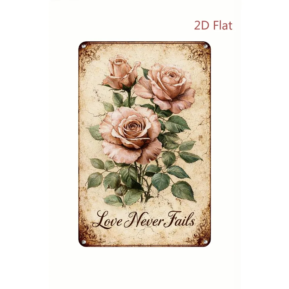 Aluminum Metal Sign, Antique Pink Roses Botanical Garden Vintage Text Retro Print Wall Art, Decor Plaque for Home Bar Decor