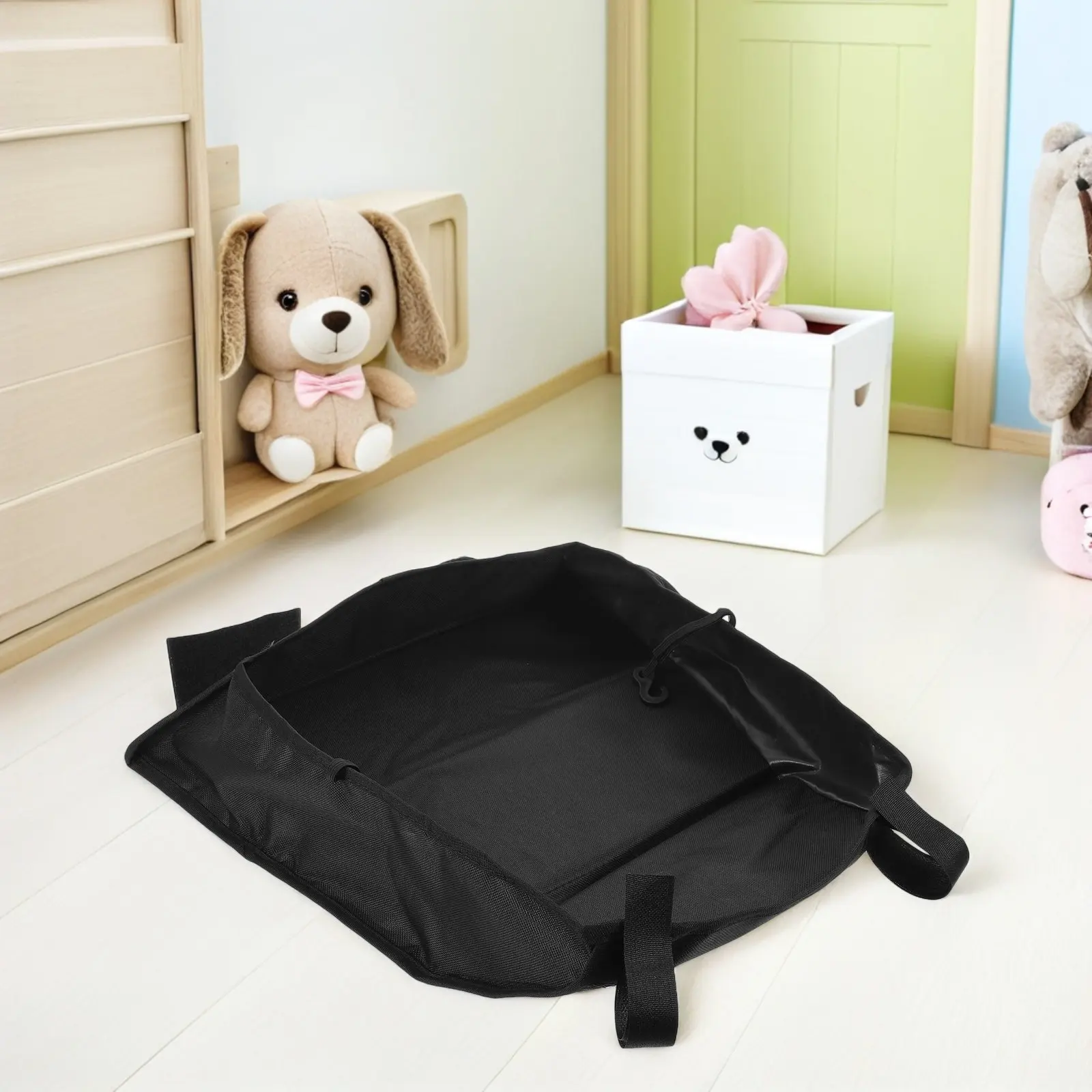 2Pcs Portable Stroller Hanging Bag Black Oxford Fabric Large Bottom Basket Organizer for Baby Diapers Bottles Travel Universal