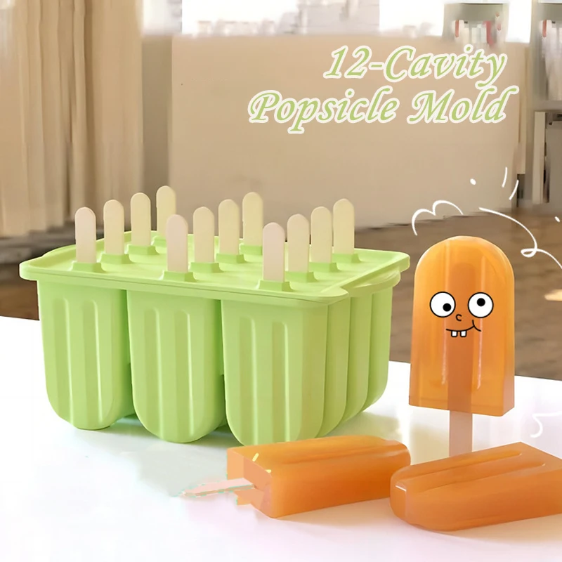 

12-Cavity Popsicle Mold Summer Ice Cream Mold Home DIY Popsicle Mould Silicone BPA-Free Ice Cream Maker with 50pcs Wooden Sticks