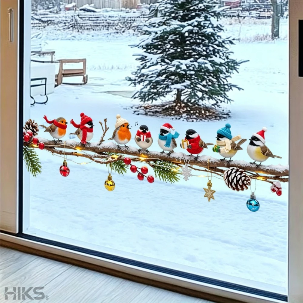 1 Stück Fensteraufkleber Weihnachten Niedliche Vögel auf Zweig mit Ornamenten Winter Schnee Wasserdichte Aufkleber für Fensterglas Selbstklebend – Detail 2