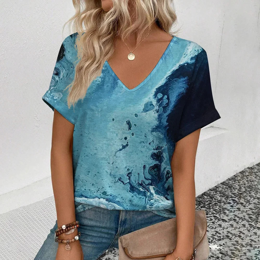 Kolorowe Tie-Dye damskie koszulki z nieregularnym olejnym malowanym odzież damska z krótkim rękawem t-shirty Oversize dekoltem w szpic