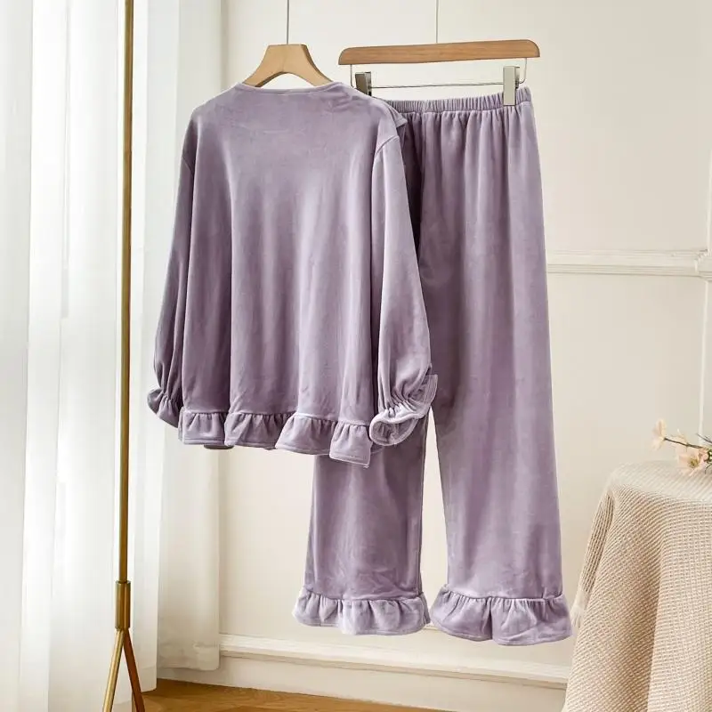 Purple Pajamas Suit Warm Island Velvet Nightwear Elegant Lace Collar Home Clothes Lady Warm Velour 2Pcs Trousers Set Loungewear