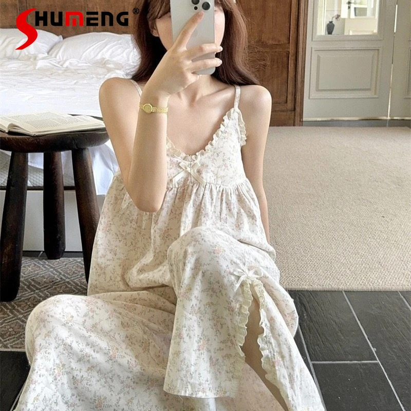 

Женский летний комплект для сна из чистого хлопка: пижама из двухслойной марли с цветочным принтом, на бретельках, с подушечками для груди, в стиле Pure Style, сексуальная домашняя одежда