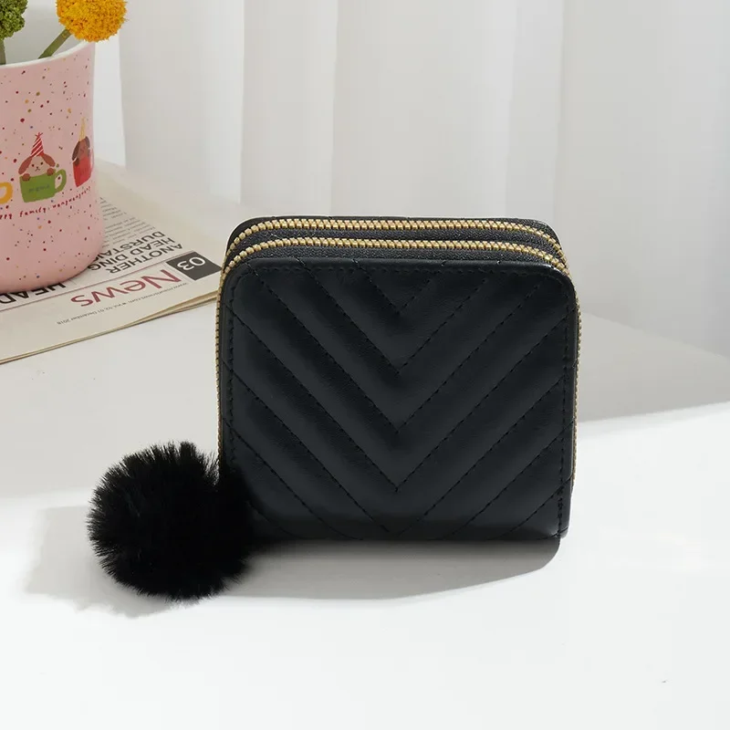 2024 New Double Zipper Women's Wallet Fashionable V-shaped Embroidery Thread Versatile Hairy Golf Carrying Bag