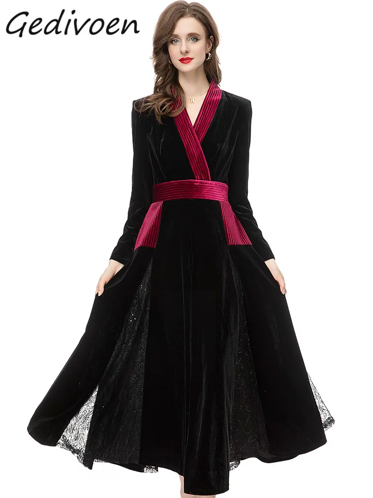 

Gedivoen Spring Fashion Designer Vintage Hit Color Velvet Dress Women's V Neck Pleated High Waist Lace Spliced Slim Long Dress