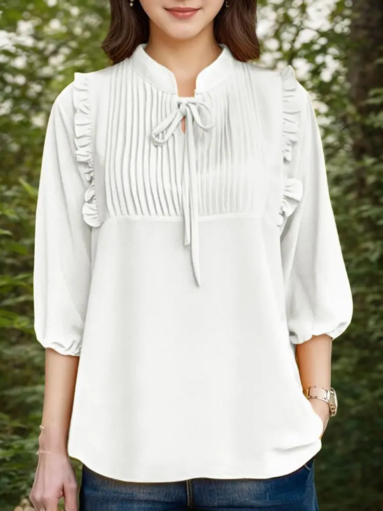 ZANZEA блузка с рукавом 3/4, женская блузка на шнуровке, модные топы с рюшами, мода 2025 года, однотонная туника с v-образным вырезом, повседневный плиссированный пуловер