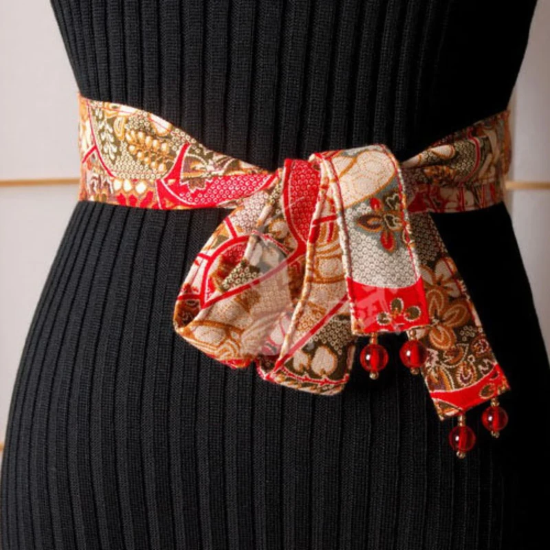 

Japanese Style Qianju Blood Handmade Waistband Girle Obi Long Scarf Neckband Cummerbund Geisha Belt Accessory