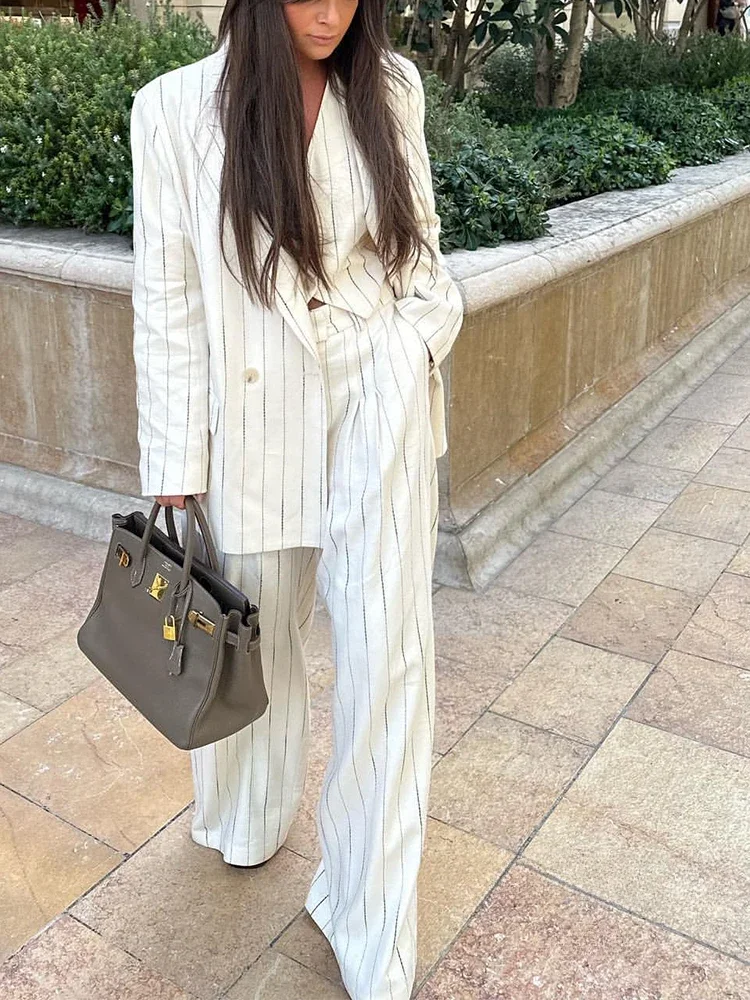 Women Suits White Striped Peak Lapel Smart Casual Office Outfits Fashion Double Breasted Loose Female Pants Sets 3 Piece