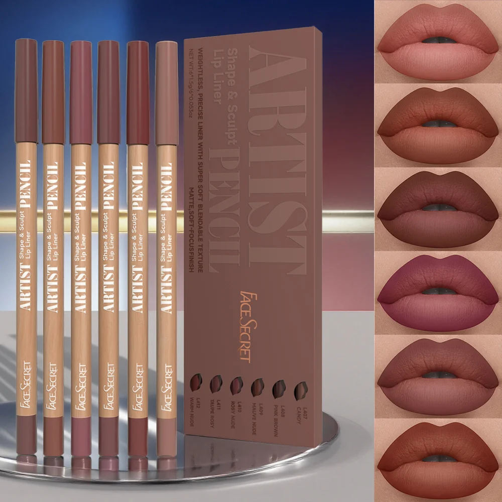 6 Pcs/set Nude Lip Liner Makeup Set Natural and Long lasting Waterproof Matte Lip Combo Lip Liner Suitable for Daily Makeup