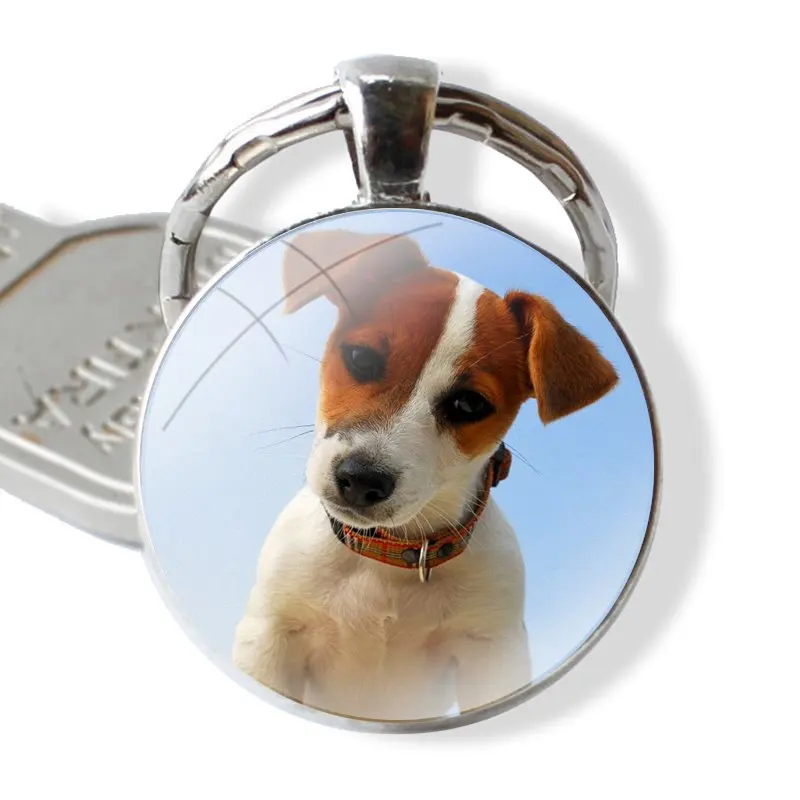 Jack Russell Terrier Dog Keychain Handmade Glass Cabochon Key Ring Holder Pendant Key Chains