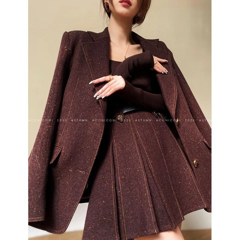 MiiiiX French Style Elegant Skirt Suits Women Two-piece Set Autumn High-end Long-sleeved Suit Jacket Design Short Pleated Skirt