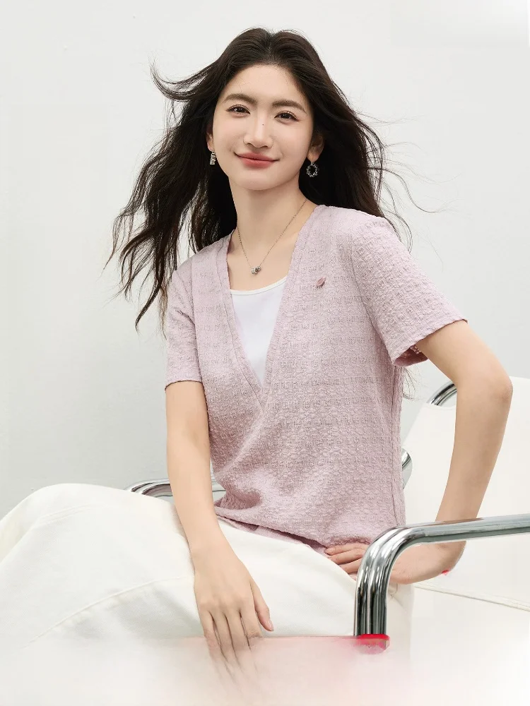 

Square Collar Short Sleeve Knitted T-Shirt Women's Elastic Texture Summer Top Simple Style Universal Fit Standard Version