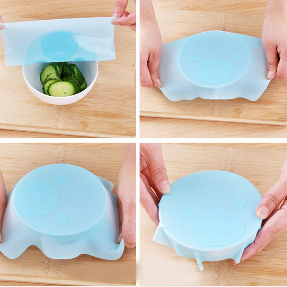 

2Pcs Silicone Food Lids Reusable Stretch Bowl Covers Leak Proof Airtight Seal Cartoon Bear Fresh Keeper Expandable Food Wraps