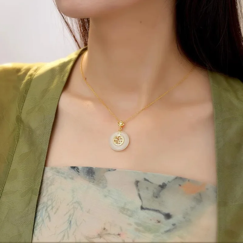 

PANJBJ 925 Sterling Silver Hotan Jade Necklace for Women Girl Lucky Smooth Retro Exquisite Jewelry Birthday Gift Dropshipping