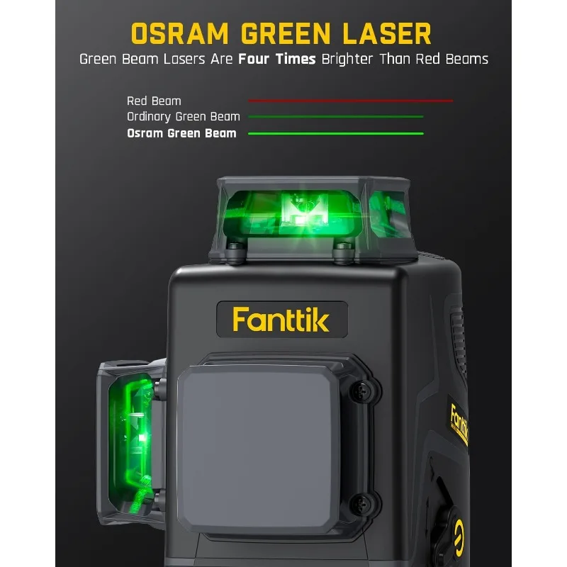 D12 PLUS Laser Level Self Leveling 3 × 360°, 3D Green Cross Line, 5200 mAh Battery Rechargeable, Pulse Mode