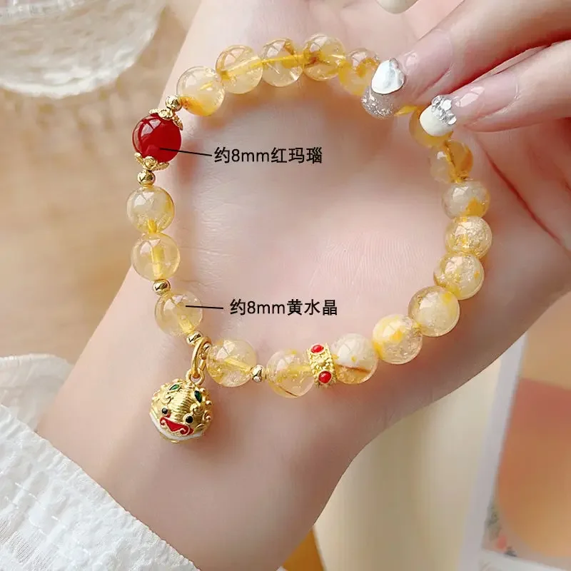 Pulseira feminina citrina natural, despertar joias do sino do leão, pernoite de templo rico mesmo estilo, presente de namorada de alta qualidade, boa sorte, boa sorte