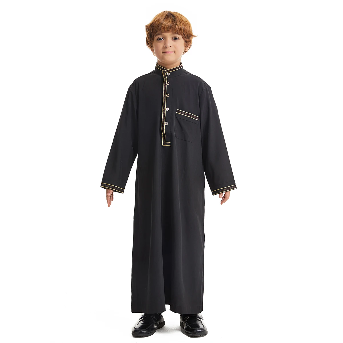 Muslim Boys  Long Sleeves Embroidered Stand Collar Button Abaya Robe Arab Big Kids Pure Ankle Length MaxI Coat Islamic Thobe