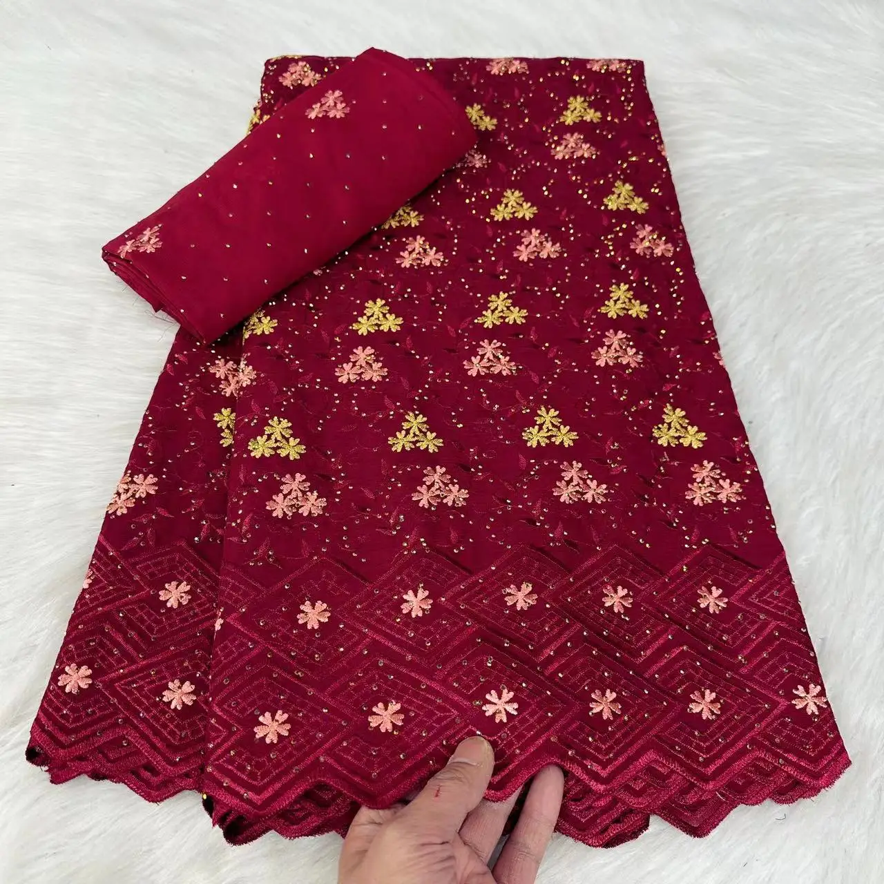 Red Nigerian Lace Fabric with Scarf Swiss Lace Embroidered Fabrics 100% Cotton African Women Dresses Sewing Accessories 7Yards