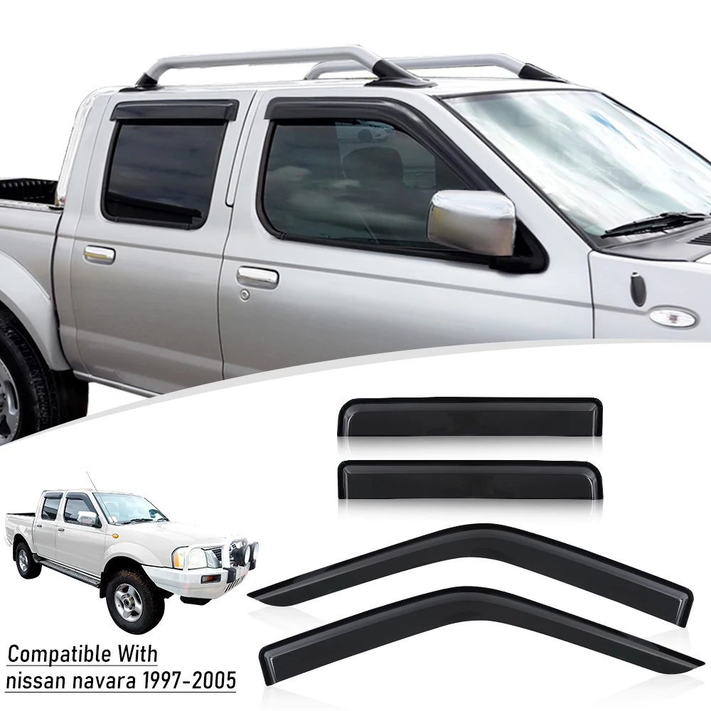 Visera de ventana de coche, protectores contra la lluvia y el sol para Nissan Navara D22 1997-2005, Deflector de viento, protector contra la intemperie, accesorios de doble cabina negra ahumada