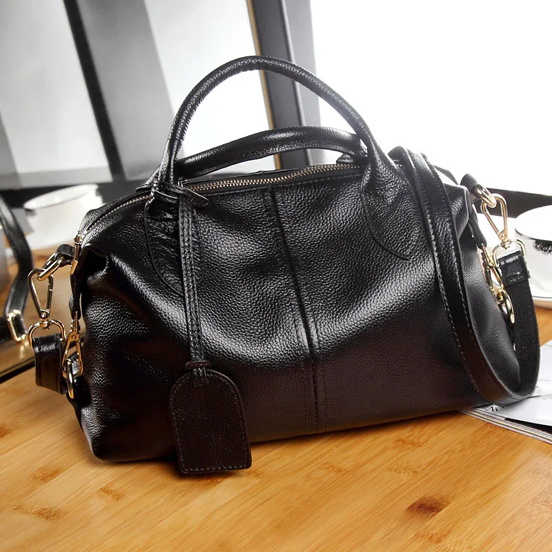 Fashion Boston Handbag High-Quality Litchi Grain Cowhide Women Shoulder Bag Large-Capacity Wear-resistant Genuine Leather Bag