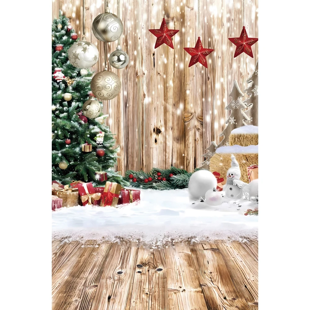 Merry Christmas Backdrop Wooden Floor Fireplace Gifts Winter Snow Xmas Tree Baby Portrait Photography Background Photo Studio