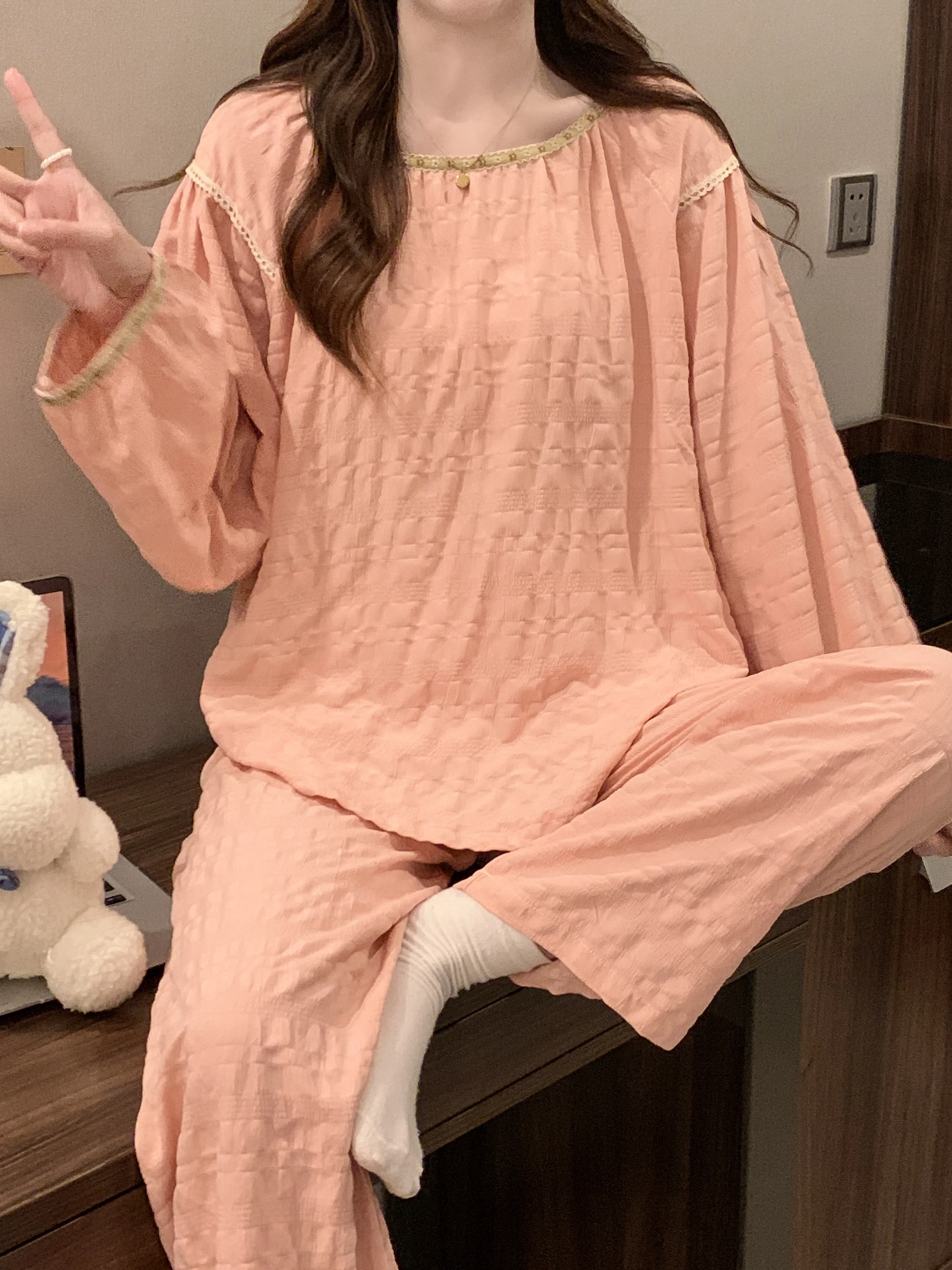 

Korean Style Simple Cloud Cotton Sleepwear Women's Spring Autumn New Sweet Pink Princess Home Clothes Two-Piece Set