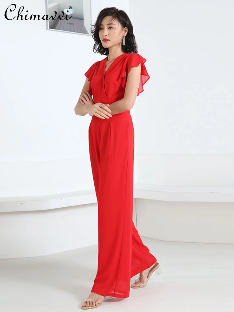 Fashion Commuter Chiffon Jumpsuit Women 2024 Summer New High Waist V-neck Slim Fit Wide Leg Temperament Lady One-Piece Trousers