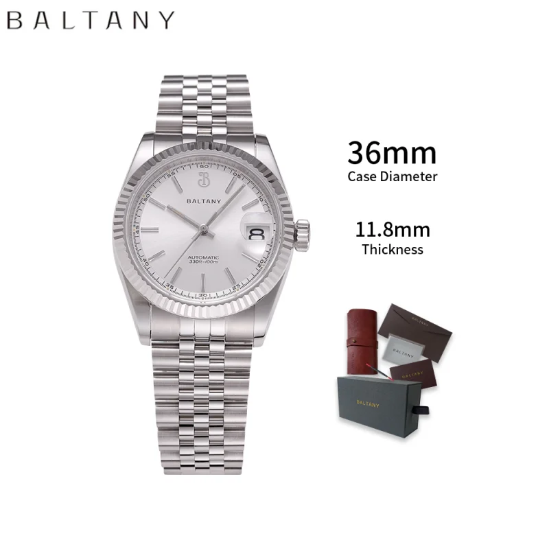 Baltany Luxury Dress Men's Mechanical Watch Fluted Bezel Cyclops Date Waterproof 10Atm NH35 Automatic Luminous Wristwatch