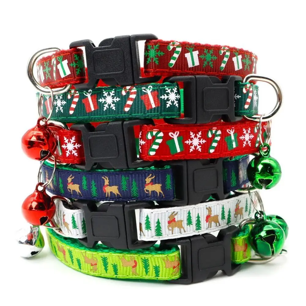 with Bell Christmas Cat Collar Polypropylene White/Green/Red Elk Dog Necklace Adjustable Snowflake/Elk Deer Pattern