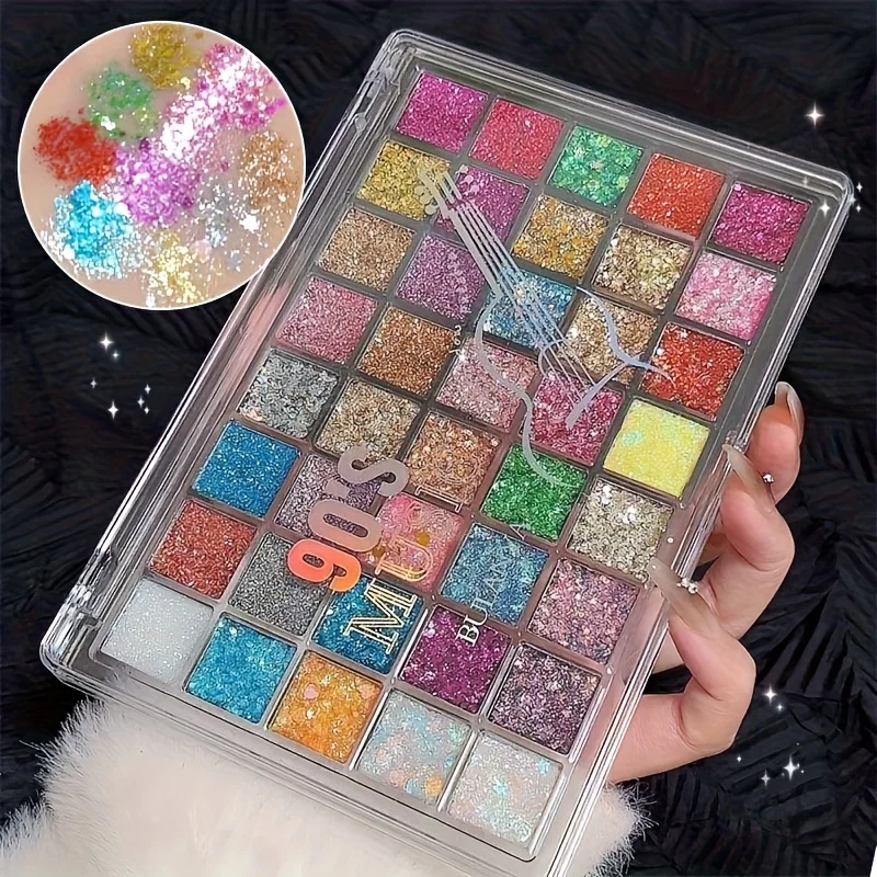 40-Color Shimmer & Eyeshadow Palette with Golden Glitter, Mirror- Powder & Blending Brush-Like Shades for Beginners & Pros