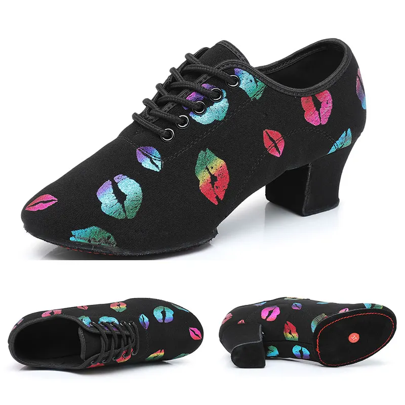 Diplip Ballroom Dancing Shoes Colorful Lips Pattern Lace-Up Tango Dance Shoes Morder Dance Shoes Latin Dance Shoes for women