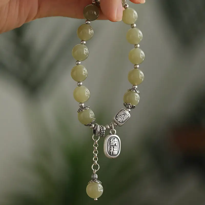 

Серебряные браслеты 925 пробы с натуральным нефритом Хотан, круглые бусины, зеленые браслеты для женщин, этнический стиль, оригинальный браслет, украшения для вечеринок, подарок