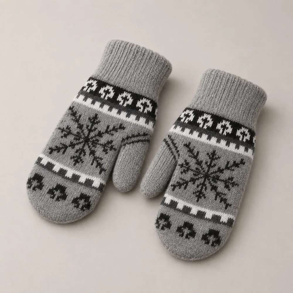 Light Gray Snowflake Double Layer Knitted Mittens design one winter gloves cold weather warm knit handwear outdoor commuting