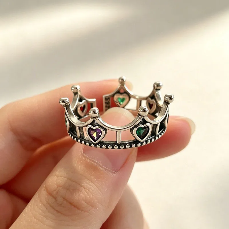 BF CLUB Anillos de Plata de Ley 925 para Mujer, Anillo Simple Geométrico Hecho a Mano, Anillo Retro Irregular con Forma de Corona y Corazón, Hipoalergénico, para Regalo de Cumpleaños