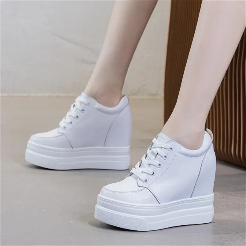 

New spring Women Leather Chunky Sneakers Breathable Black High Heels British Style Platform Casual Shoes Woman 11cm