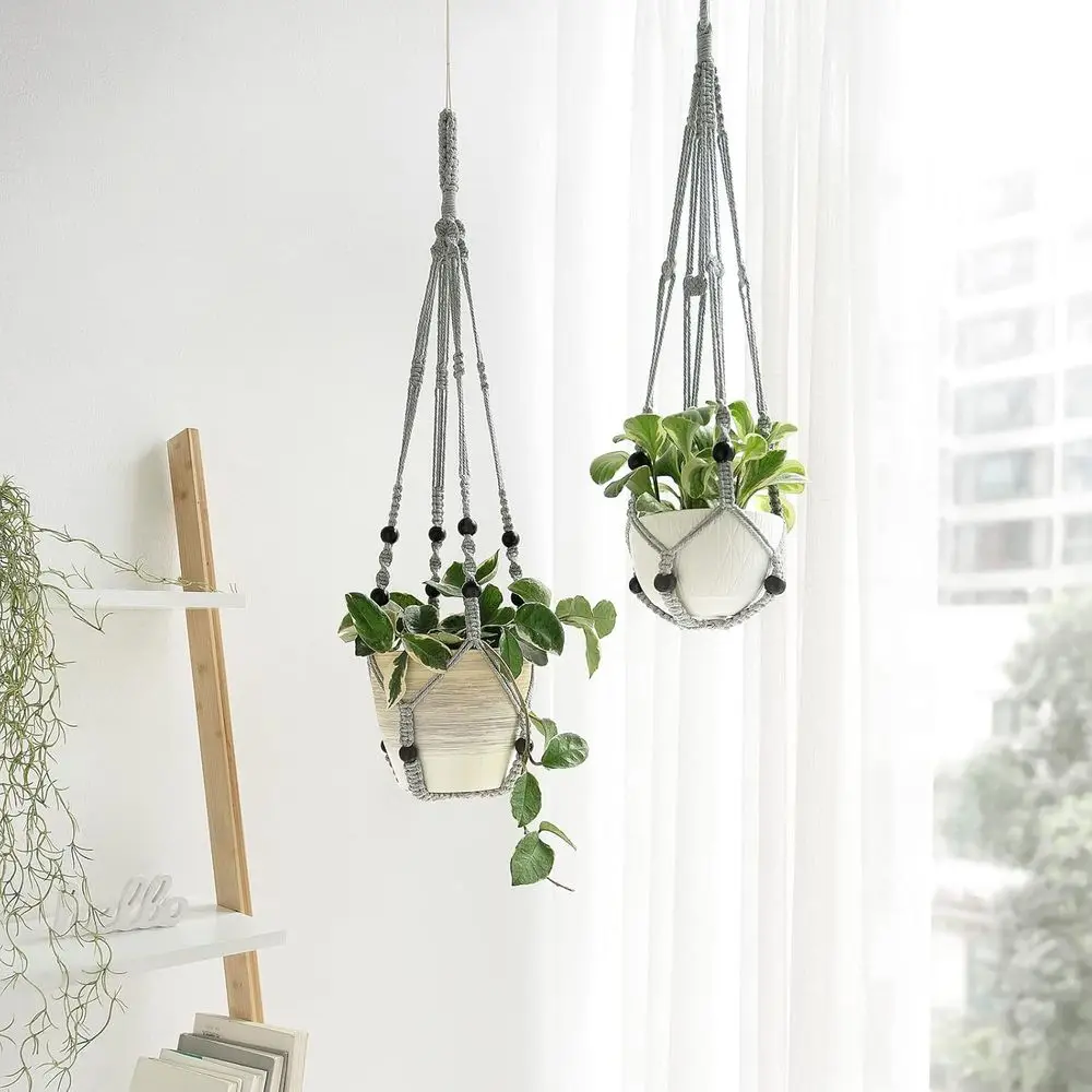 Plant Hanger Indoor Hanging Planter Basket with Wood Beads Decorative Lower Pot Holder No Tassels Indoor Outdoor Boho Home Decor