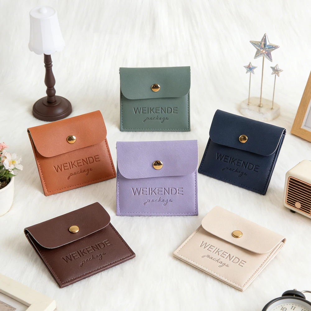 

100Pack 5x5cm Navy PU Leather Jewelry Storage Bags Custom Logo Stud Earrings Rings Charm Necklace Organizer Gifts Snap Pouches