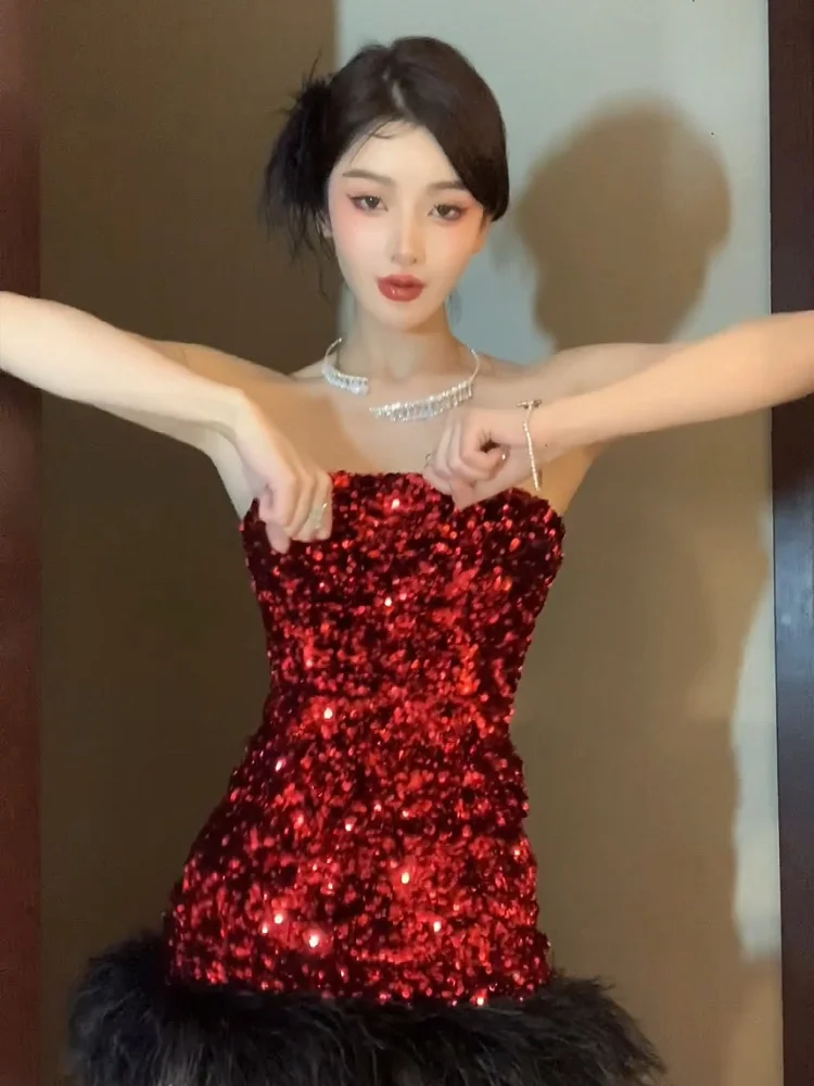 

Birthday Luxury Sequin One oulder Dr Toast Dr Red Glittery Tube Top ort Par Korean Sle Women's Evening Gown