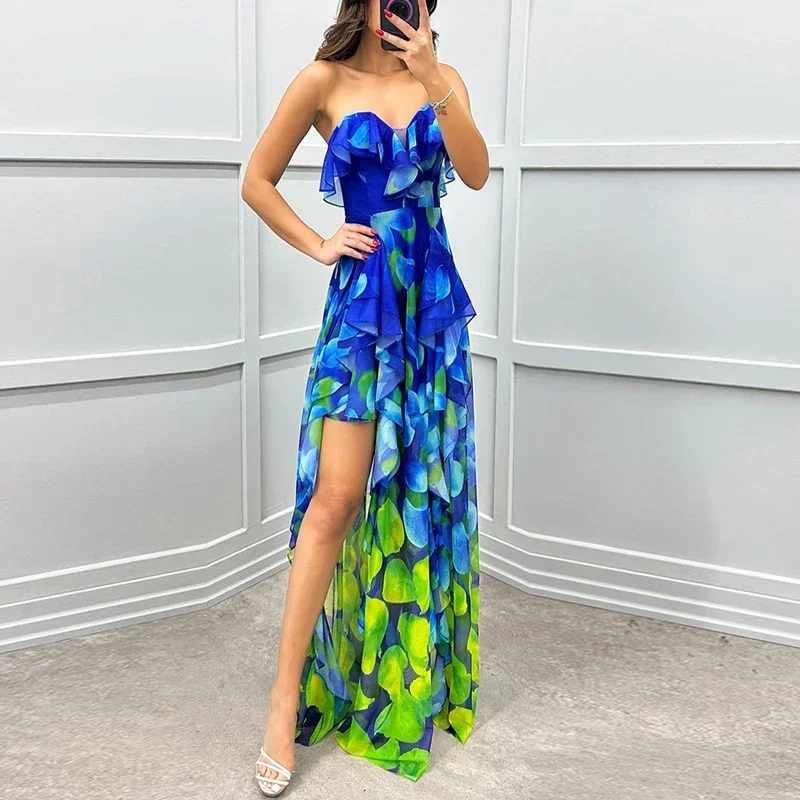 Elegante sexy fora do ombro gradiente irregular vestido de festa feminino babado flor impressão bohe vestidos longos drapeado chique vestido de noite